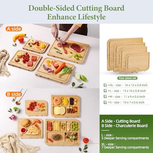 4-PCS Bamboo Cutting Board Set with Innovative Stand - Durable Double Sided Wooden Cutting Board with Juice Groove & Handle for Meal Prep, Meat, Charcuterie Serving, Eco-Friendly Healthy Kitchen Gift - Thumbnail 2