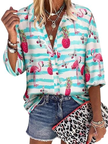 ZXZY Women Pineapple Printed Lapel Collar Half Sleeves Buttons Down Blouse Shirt - Image 1