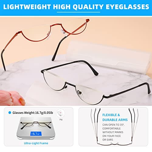 TOVEEN 2 Pack Half Lens Reading Glasses Blue Light Blocking, Half Moon Frame Semi Rim Spring Hinge Readers with Case for Men Women Black/Red +1.25 - Thumbnail 5