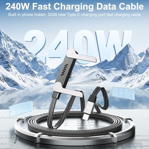 240W Braided Fast Charge Cable with Built-in Phone Stand, 2026 New Invisible Stand Charging Cable, 4.92ft T-shaped Foldable Furable USB-C Cord 90 Degree Right Angle USB C Cable, Type C to Type C (1) - Thumbnail 2