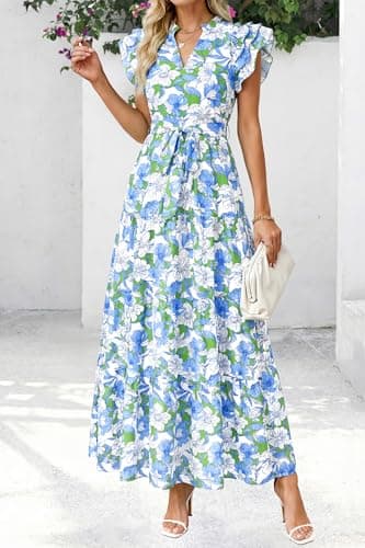 dowerme Women Summer Maxi Dresses 2026 Ruffle Sleeve V Neck Floral Boho Long Dress Belted Tiered Sundress with Pockets(Floral White Multicolored,Small) - Thumbnail 6