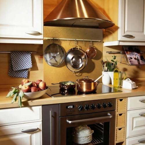 Fietrexa 29.5“x29.5” Brass Finish 304 Stainless Steel Rang Hood Backsplash with Solid Brass Rail & S Hooks,Vintage Style,Kitchen Wall Decor and Protection,Stove Guard. - Thumbnail 3
