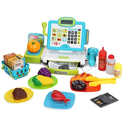 FS Pretend Play Cash Register Toys with Scanner, Calculator, Large Drawer, Microphone, Play Food, Supermarket Cashier Register Toy, Pre-School Gift for Kids, Toddlers, Boys & Girls, Ages 3 4 5 6 7 8 - Image 1