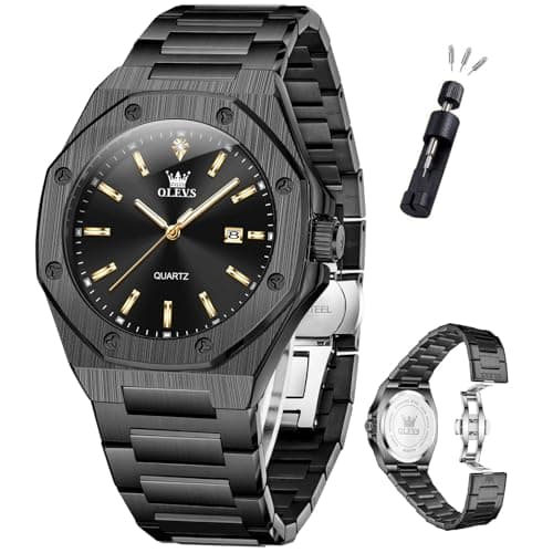 OLEVS Watch Men Luxury All Black Stainless Steel Dress Waterproof Quartz Analog Minimalist Watches for Men Large Face Luminous Date Metal Wrist Octagonal Calendar Mens Watch Relojes para Hombres