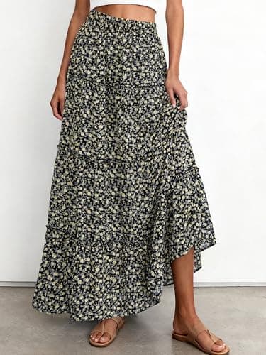 BTFBM Floral Maxi Skirts for Women Summer Spring 2026 Elastic Waist Tiered Flowy Beach Vacation Boho Midi Long Skirt(Floral Black Yellow, Large) - Thumbnail 3