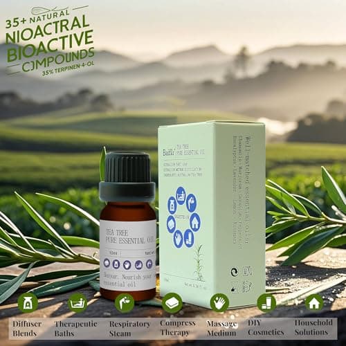 BasYar 100% Pure Australian Tea Tree Oil - Undiluted Natural Essential Oil for Skin Care, Nail Health & Home Use, Steam-Distilled from Wild Melaleuca, 10ml Amber Glass Bottle - Thumbnail 2