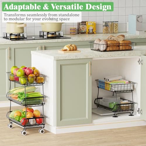 MJIMKE 3-Tier Rolling Cart with Wheels - Stackable Wire Baskets for Pantry Organization and Kitchen Storage, Floor & Countertop Fruit Organizers Vegetable Rack for Coffee Snack Onion Potato, Metal - Thumbnail 6