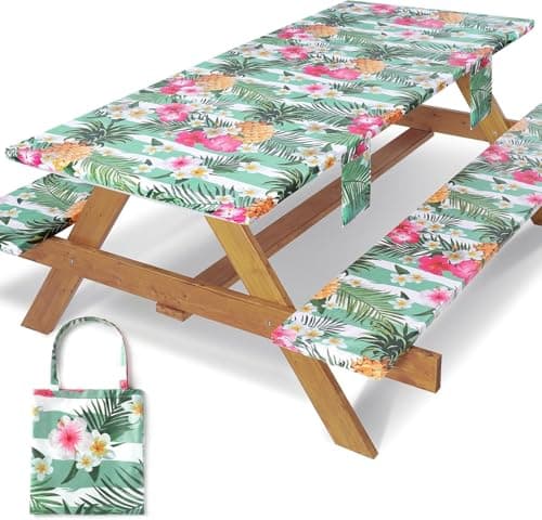 Jobunai 3 Piece Picnic Table Cover with Bench Covers Elastic Fitted Heavy Duty Camping Table Cloths for 6Ft Tables Camper Travel Trailer Must Haves Motorhome Garden Organization Mom Dad Birthday Gift - Image 1