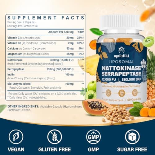 Marafiki Liposomal Nattokinase Supplement 12,000 FU with Serrapeptase 360,000 SPU, Multi Enzyme Complex with Vitamins, Minerals & Inulin for Circulation & Flow - 60 Veggie Capsules - Thumbnail 2