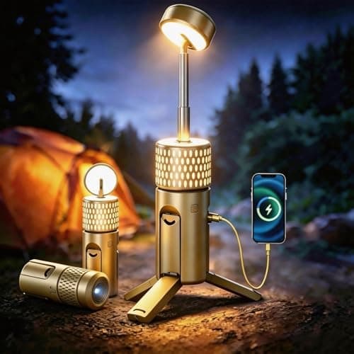 Camping Light Telescopic, Collapsible Tripod Camping Lantern, Rechargeable Camping Lamp with Stand, Dimmable & Portable IPX54 Waterproof Flashlight for Emergency (Military Green)