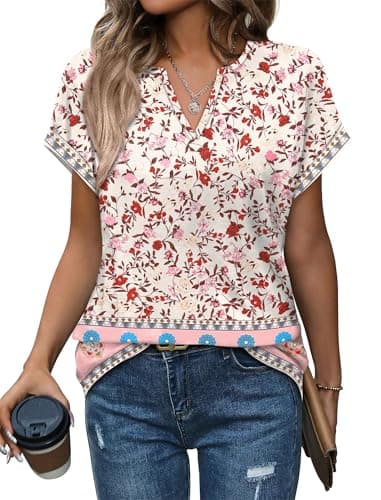 Shirts for Women Dressy Casual Short Sleeve Tops Fashion Clothing Spring Vacation Outfits Boho Western Valentines Day Outfit Pink L - Image 1