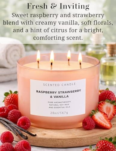 Raspberry Strawberry Vanilla 4-Wick Scented Soy Candle | 100+ Hour Burn | 20 oz Large Sweet Berry Vanilla Scented Candle for Home | Relaxing Aromatherapy Candle | Strong Throw | Gift Ready - Thumbnail 2