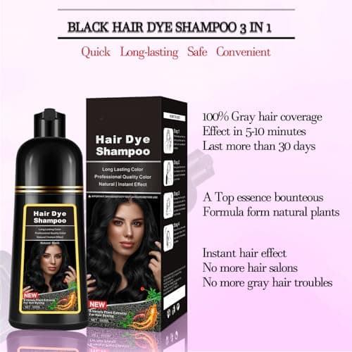 Dark Black Hair Dye Shampoo Instant 3 in 1 for Gray Hair Coverage - Herbal Formula, Semi-Permanent Hair Color in 10 Minutes, Lasts 30 Days, 100% Grey Coverage Shampoo for Men & Women (16.9 Fl Oz) - Thumbnail 2