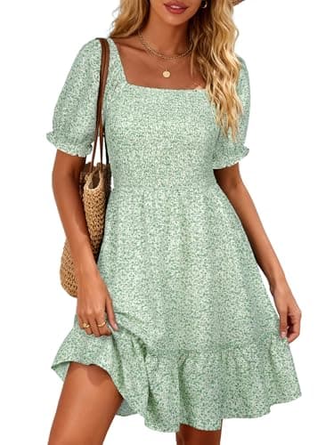 Berydress Womens Summer Dresses 2026 Vacation Square Neck Short Sleeve Sundress Flowy Bohemian Floral Smocked Dress with Pockets(M,6295-Green Flo) - Image 1