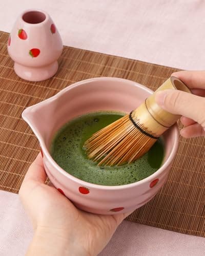 Joiish Strawberry Matcha Whisk Set, Cute Strawberry Pattern Matcha Kit, 5-PC Complete Ceremony Tea Set Gift for Women | Ceramic Bowl with Spout, Bamboo Whisk, Holder, Sifter, Scoop | Pink - Thumbnail 4