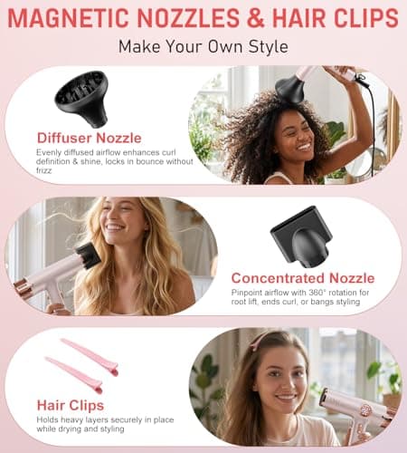 FMZ Professional Ionic Hair Blow Dryer with Smart Display, 1875W High Speed Brushless Motor for Fast Drying, Small Portable Light weight Low Noise, Curly Diffuser Blowdryer for Women Kids Salon Travel - Thumbnail 6