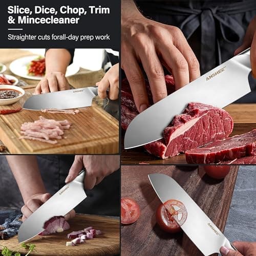 ANSHEE 7 Inch Japanese Santoku Knife-Full Tang High Carbon Stainless Steel Professional Chef Knife, Multipurpose Kitchen Blade with Wood Handle&Sheath/Gift Box for Meat, Veggies,Fruits Home&Restaurant - Thumbnail 4