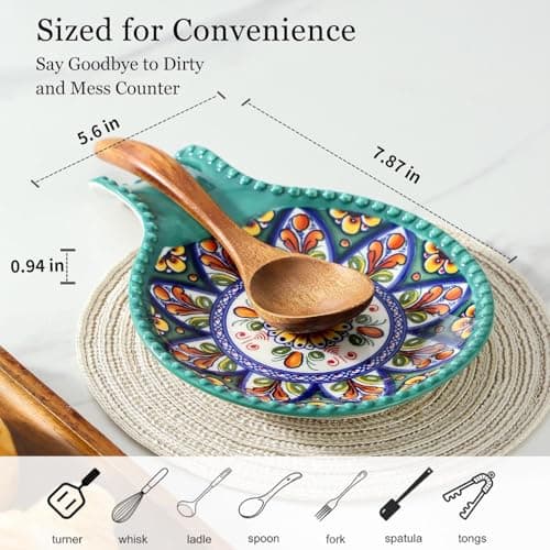 JINGUS Spoon Holder for Kitchen Counter, Large Ceramic Spoon Rest for Stove Top, 7.7 Inch Heat-Resistant Cooking Utensil Rest for Spatula, Ladle and Tongs, Great for Housewarming, Bohemian Green - Thumbnail 3