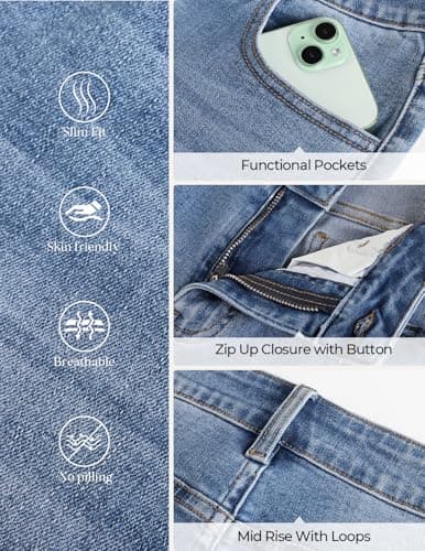 Belle Poque Women Light Blue Wide Leg Jeans Stretchy Mid Rise Straight Leg Jeans with Pockets (Light Blue, 14) - Thumbnail 6