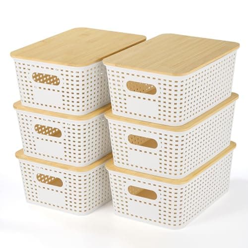 Ohmlove Plastic Storage Baskets With Bamboo Lid - Plastic Storage Containers Stackable Storage bins: Storage Baskets for Organizing Shelves Drawers Desktop Closet Playroom Classroom Office, 6 Pack - Image 1