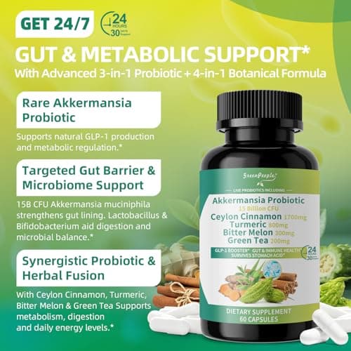 GREENPEOPLE Akkermansia Probiotics 15B CFU for Gut Function, 60CT Probiotics Supplement with Ceylon Cinnamon, Turmeric | Digestive Health & Metabolic Support | Women & Man | Vegan & Gluten Free - Thumbnail 3