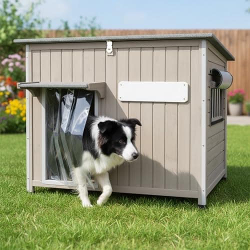 Dog House Indoor Outdoor, Weatherproof Wooden Dog House for Medium/Large Dogs, Chew-Proof Frame, Vent Window & Elevated Floor, Openable Roof, Easy to Assemble & Clean, Gray 43.3" L×29.5" W×33.5" H - Image 1