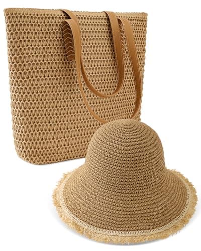 Beach Bags for Women & Sun Hat Set, Handmade Crochet Tote Bag for Summer Vacation, Beach Hat UPF50+ Protection, Perfect for Summer Travel & Beach Days Green - Image 1