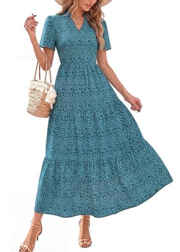 KIRUNDO Women’s Summer Dresses Casual V Neck Short Sleeve Floral Long Flowy A Line Boho Maxi Dress for Beach Vacation Wedding(Dark Green Floral, X-Large) - Image 1