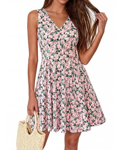 BTFBM Womens Summer Dresses 2026 Spring Casual Sleeveless Floral Knit Flowy A-Line Mini Dress Pockets Beach Sundress(Floral Black Pink, Medium) - Image 1