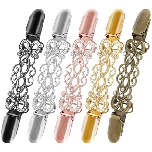 yuboo 5 Pcs Vintage Sweater Clips for Cardigans, Retro Filigree Dress Cinch Clip Back with Rhinestones, Shawl Clips and Fastener for Women, Anti-Slip Shirt Waist Tightener Set - 5 Colors - Image 1