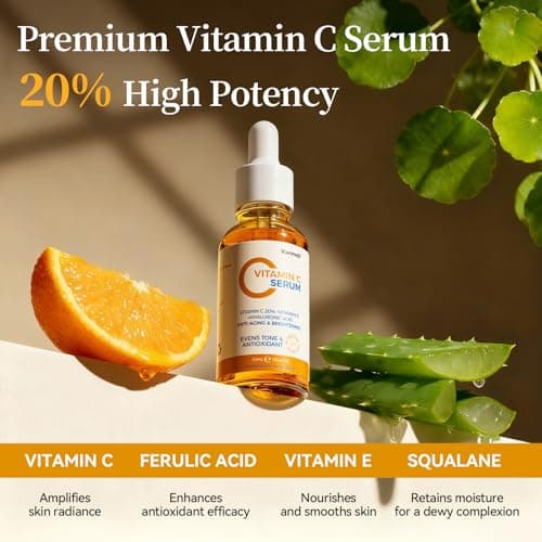 Vitamin C Serum for Face, 20% Natural Vitamin C Facial Serum with Sodium Hyaluronate,Vitamin E,Anti Aging & Wrinkle Skin Face Serum for Dark Spots,All Type Skin Care 1 fl.oz+ 0.05 fl.oz x 10e - Thumbnail 2
