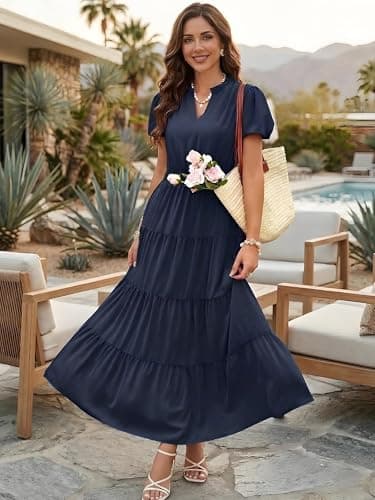 ECOWISH Womens Midi Dress Summer Casual A Line Maxi Shirt Dresses Spring Short Sleeve Button Front V Neck Pockets Work Dress 25Navy Blue Small - Thumbnail 6