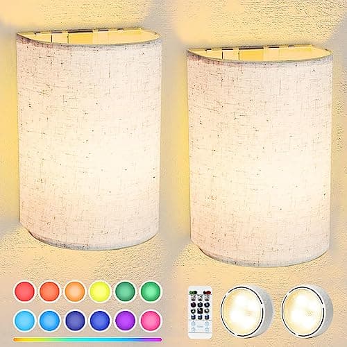 FINCMY Battery Operated Wall Sconces Set of Two, 18 RGB Colors Stick on Wall Lights with Remote, Changeable Dimmable Height Fabric Battery Powered Wall Lights for Bedroom Living Room Hallway - Image 1
