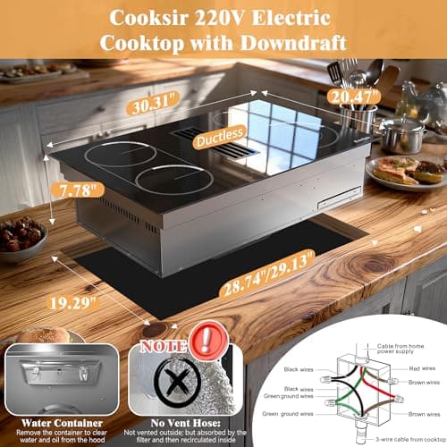 Cooksir 30 Inch Electric Cooktop with Ductless Downdraft - 4 Burner Built-in Stove 7400W, 30" Electric Stove Downdraft Range Hood 135W, Timer, Safety Lock, 220V Hard Wired, Recirculating Air Vent - Thumbnail 2