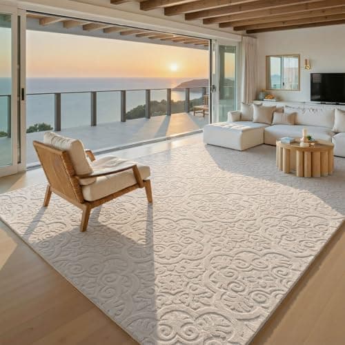 U'Artlines 9x12ft Washable Area Rug for Living Room, Neutral Beige Modern High-Low Pile Rug for Bedroom, Non Slip Soft Cozy Fluffy Large Floor Carpet for Dining Area, Kids Nursery Room - Image 1