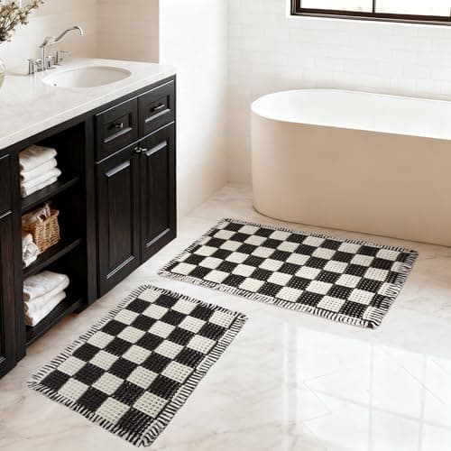 MatEssenz 2 Piece Checkered Bath Mat Set (17"x24" & 18"x30"), Black and White Waffle Weave Bathroom Rugs with Tassels, Non-Slip Quick Dry Shower Mats, Machine Washable Skin-Friendly Boho Decor - Image 1