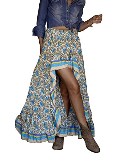 BTFBM Women 2026 Spring Summer Long Skirts Dress Boho Floral Elastic Waist Split Ruffle High Low Beach Maxi Skirt Clothes(X-Blue, Large) - Image 1