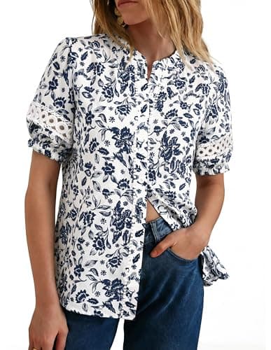 GRACE KARIN Women Boho Floral Tops, Summer Short Eyelet Sleeve Dressy Casual Shirts, Spring Button Down Blouse 2026 Trendy Navy X-Large - Image 1