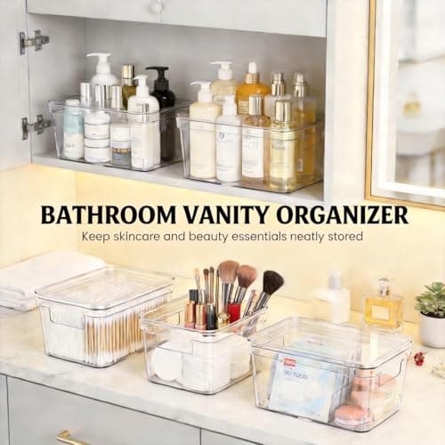 MOONEDGE Small Clear Plastic Storage Bins with Lids and Handles – Stackable Clear Organizer Bins for Refrigerator, Kitchen, Pantry, Bathroom, Closet, Laundry Room, Office – 4 Pack (10×6×5 in) - Thumbnail 6