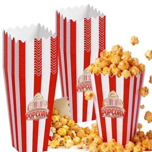 20 Pcs Movie Night Popcorn Boxes, 8 inch Red and White Striped Paper Popcorn Bucket, 250gsm Rigid Cardstock, One-Step Setup, Reusable Pop corn Bags for Party, Home Kitchen, Snacks, Easter - Image 1