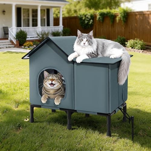 Weatherproof Heated Cat House for Outside with Heating Pad, Elevated Feet Outdoor Cat House, Expanded Canopy Warm Cats Shelter, Heating Pet Beds for Feral or Stray Cats in Winter (Warm Grey, Unheated) - Image 1