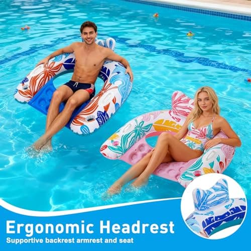 BSIEZC Pool Floats, Inflatable Pool Floats Adult & Kids 3 Packs, U-Shaped Water Floating Lounger with Headrest, Cup Holders, Handles, 3 Chambers, Portable Pool Float Chair for Summer Beach Pool Party - Thumbnail 4