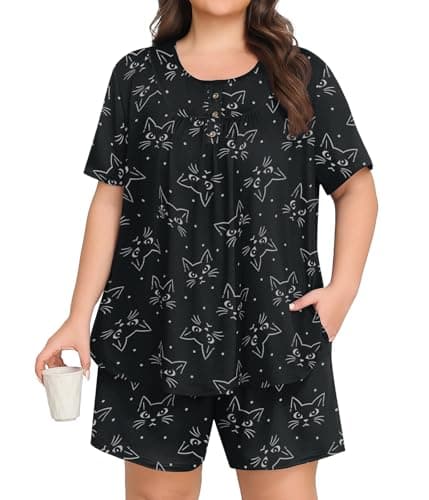 Lastshe Plus Size Pajama Set for Women Summer Short Sleeve Shorts Henley Neck Pjs 2 Piece Lounge Set with Pockets Sleepwear,Black Kitty-3X - Image 1