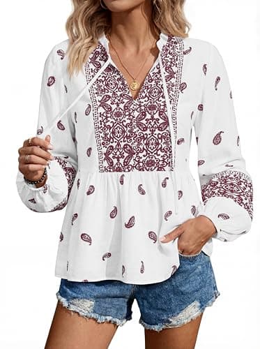 MASCOMODA Women Boho Babydoll Tops Spring Summer Casual V Neck Peplum Long Sleeve Blouses Flowy Shirts Beach Vacation Clothes(White Wine Red Floral,Small) - Thumbnail 4