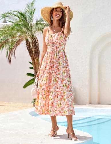 Casual Summer Dresses for Women 2026 Floral Boho Dress Spaghetti Strap Sundress Smocked Tiered Dress Yellow White Floral M - Thumbnail 5