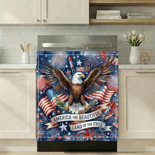 4th of July Decorations Patriotic Dishwasher Magnet Cover 23"x26" - Majestic Bald Eagle & American Flag Kitchen Decor - Land of The Free Fabric Magnetic Refrigerator Panel - Image 1