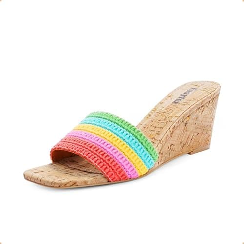 Easyfox Rainbow Wedge Sandals for Women Open Toe Slip on Wedge Heels Square Toe Heeled Sandal Summer Dressy Sandal Size 9.5 - Thumbnail 4
