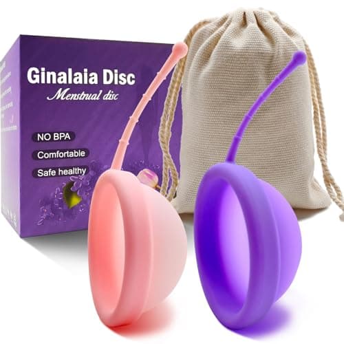 Ginalaia Reusable Menstrual Disc, Ultra-Soft Medical-Grade Silicone Period Disc for Women Wear 12 Hours 2 Size for Light & Heavy Flow Removal String (Purple+Pink, L+S)