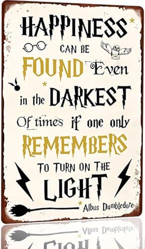 Annekilly Happiness Can Be Found Even In The Darkest Metal Signs, Vintage Magic Sign for Movie Wizard Theme Lovers Office Decor Motivational Room Wall Decor 12x8 Inch