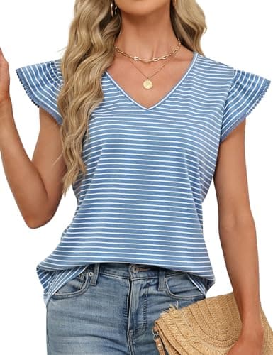 JUSTFASHIONNOW Womens Summer Ruffle Flutter Sleeve V Neck Tops, Soft Casual Striped Versatile Dressy Blouses(Blue Stripe Large) - Thumbnail 6